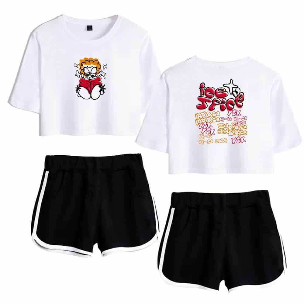 Black and white graphic crop top and matching shorts set, streetwear style clothing for women, casual summer outfit, trendy athleisure wear, comfortable and stylish fashion ensemble.