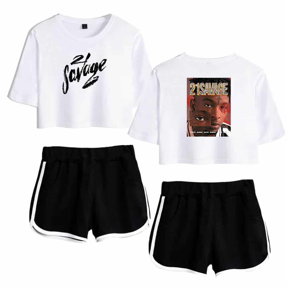 Savage crop top and shorts set with graphic tees for women and girls, casual streetwear fashion, trendy matching outfits, comfortable sportswear, stylish summer outfit, 21 Savage merchandise collection.