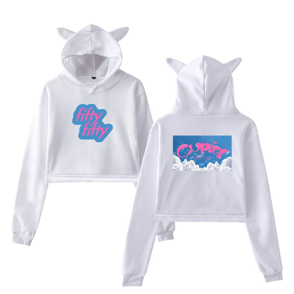 Fifty fifty hoodie with cloud and pink text design, cute animal ears on hood, trendy fashion merchandise for teens and young adults.