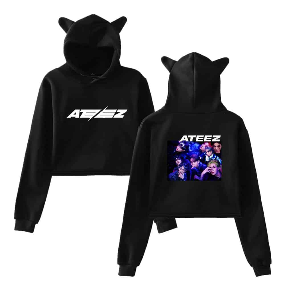 ATEEZ black hoodies with cat ear hoods, front logo, and back graphic of the K-pop group, stylish and comfortable merchandise for fans.