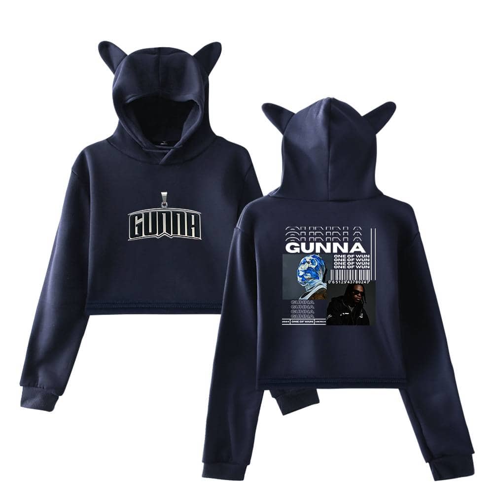 Soft black hoodie with "GUNNA" graphic design, featuring a kangaroo pocket, ribbed cuffs, and playful animal ears on the hood. Perfect for streetwear fans and music lovers.
