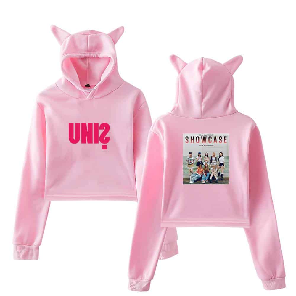 UNiZ pink hoodie featuring animal ears, with "UNI2" text on the front and a group photo labeled "SHOWCASE" on the back, ideal for fans and casual wear.
