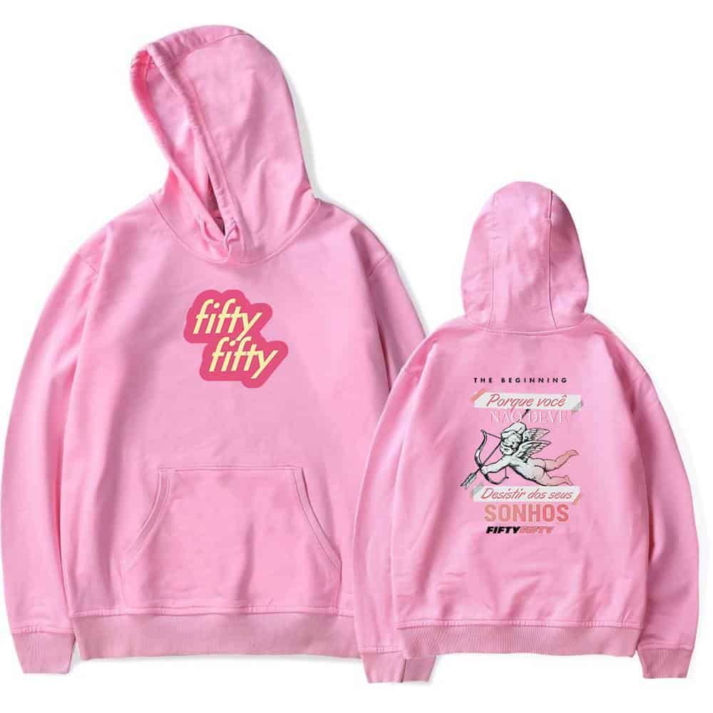 Fifty fifty pink hoodie with front and back designs, cozy casual streetwear, ideal for fans of the brand or stylish loungewear, featuring bold logo and inspiring graphics.