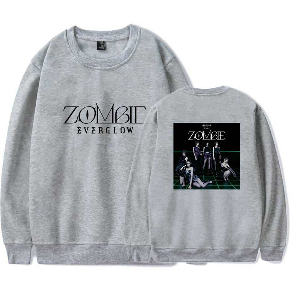 ZOMBIE EVERGLOW sweatshirt with front and back design, featuring band logo and group photo on gray fabric. Perfect for fans, comfortable casual wear, stylish and trendy merchandise.