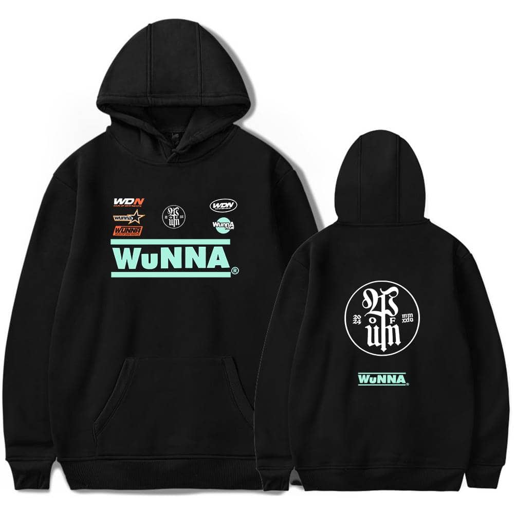 Custom black hoodie with "WuNNA" logo and various brand patches, featuring a spacious front pocket and a comfortable hood. Perfect for fans and streetwear enthusiasts.