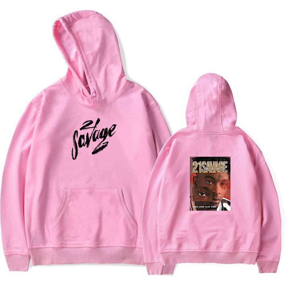 2. Pink hoodie featuring "21 Savage" text on the front and album cover art on the back, perfect for fans of the rapper and streetwear fashion.