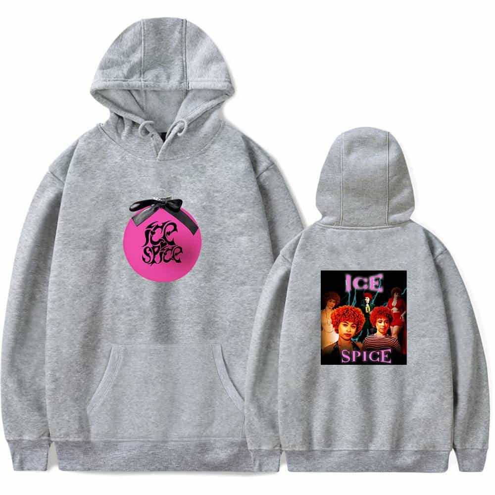 Pink ICE SPICE graphic hoodie with front and back print, casual unisex sweatshirt, teen and adult streetwear, comfortable and stylish merchandise for music fans.