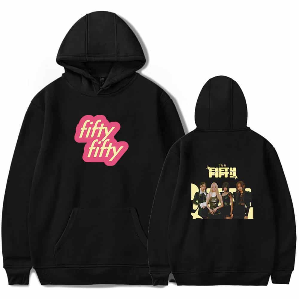 Fifty fifty hoodie with bold logo and pop culture graphic design, perfect for fans of the band or stylish streetwear enthusiasts.