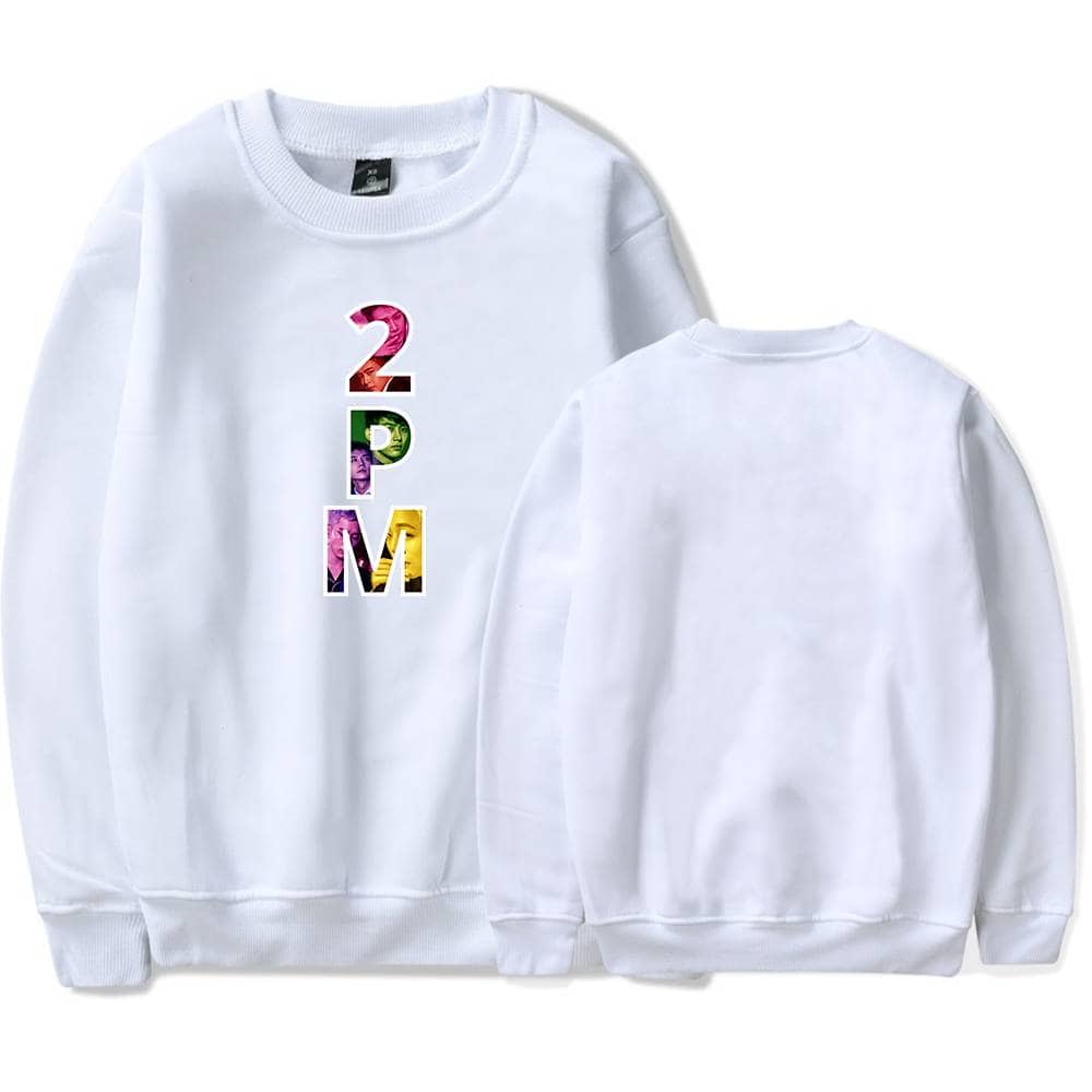 Bright white sweatshirt featuring a colorful, vertical "2PM" logo with embedded images of the K-pop group members, perfect for fans. Made of soft, comfortable material, great for casual wear or concerts.