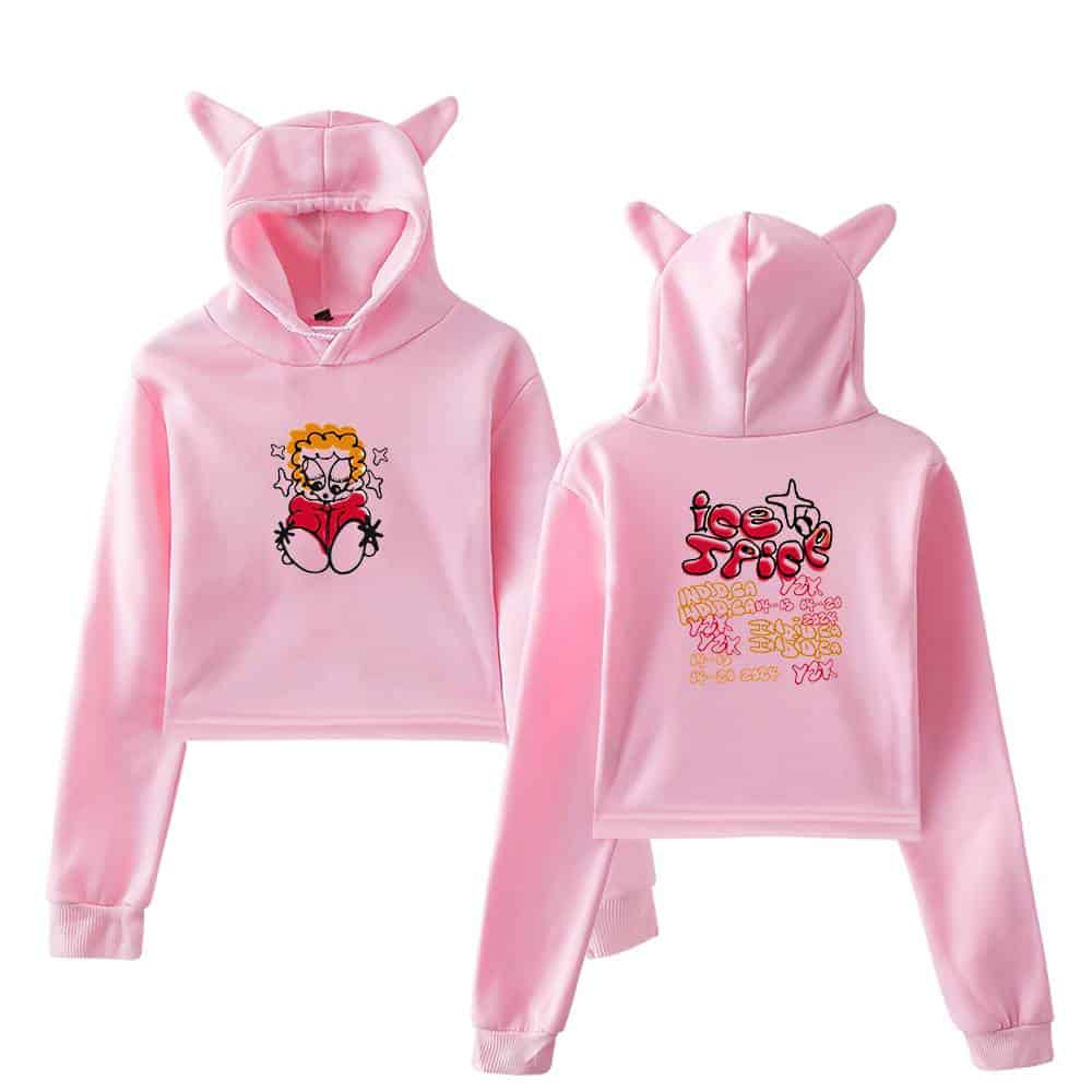 Pink hoodie with cat ears and fun graphic design, perfect for streetwear and casual fashion, featuring a cute cartoon character on the front and colorful graffiti-style text on the back.