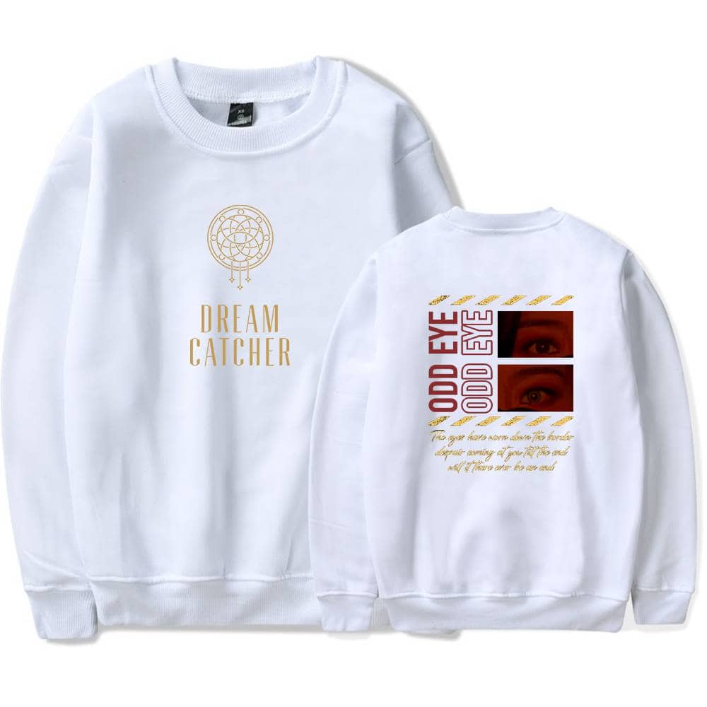 Dream Cacher sweatshirt with gold dream catcher design on the front and bold graphic eye print on the back, featuring warning tape accents and inspirational quote. Perfect for casual streetwear.