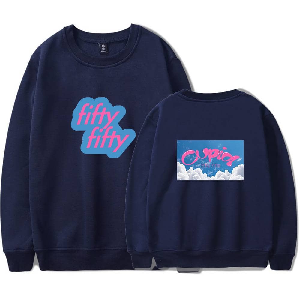Fifty fifty sweatshirt front and back view, navy blue hoodie with pink and blue graphic print, casual streetwear fashion merchandise for youth and fans.