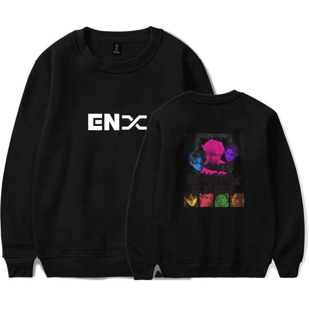 ENYX logo sweatshirt with colorful band member graphics on the back, casual streetwear style, black crewneck design, perfect for fans of music and trendy fashion.