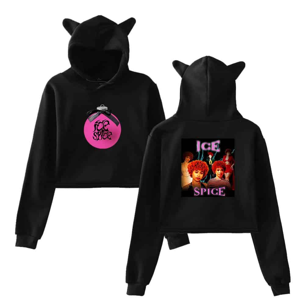 Juice Space black hoodie with neon pink logo and colorful Ice Spice graphic design, featuring cute cat ears on the hood, perfect for streetwear fans and music enthusiasts.