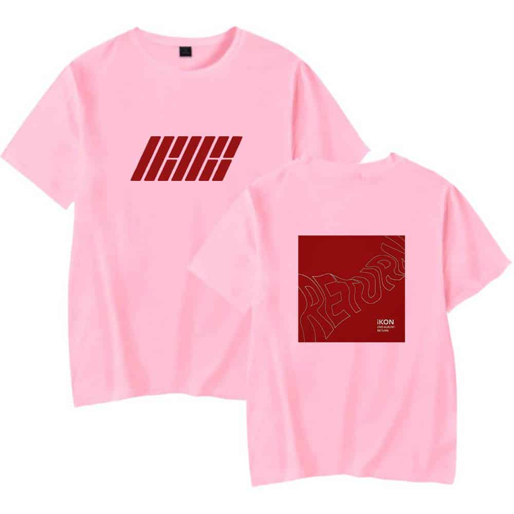 IHIGH logo graphic t-shirt with bold red print on soft pink fabric.