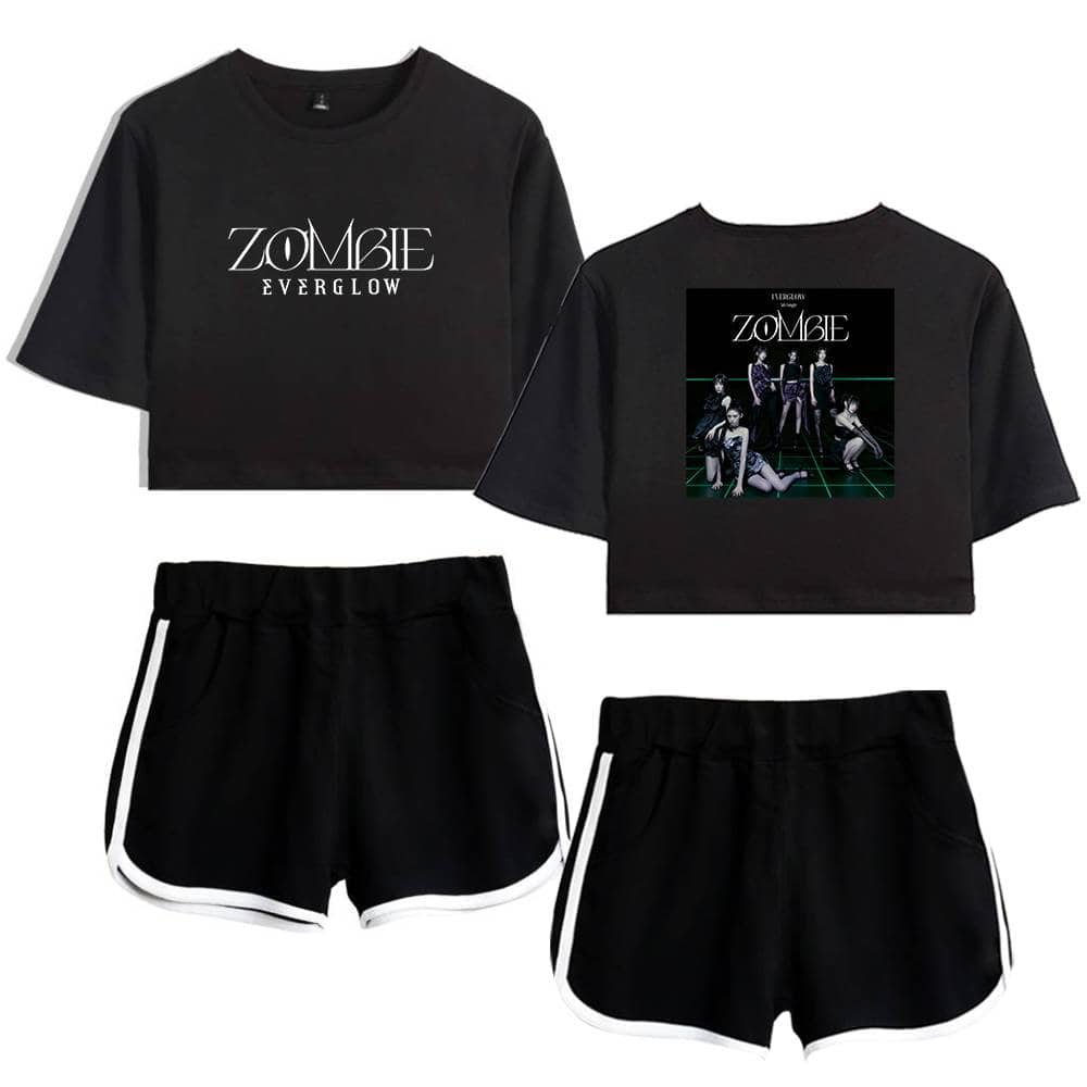 Zombie Everglow matching sweatshirts and shorts set for women, with minimalist and artistic designs, perfect for casual outings or music festival fashion.