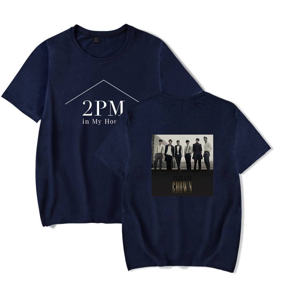 2PM in My House T-shirts with band logo and group picture, navy blue casual apparel, popular K-pop merchandise.