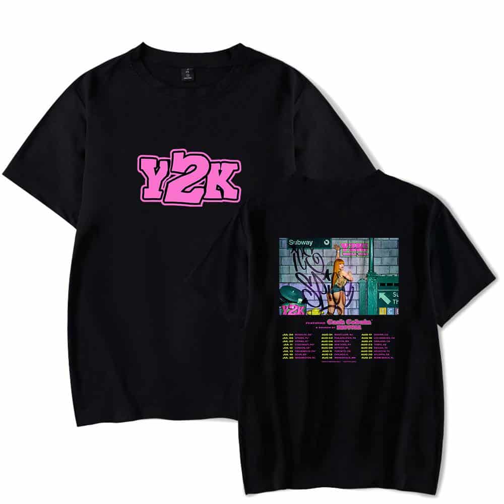 Y2K graphic t-shirt with graffiti art and subway scene print in black.