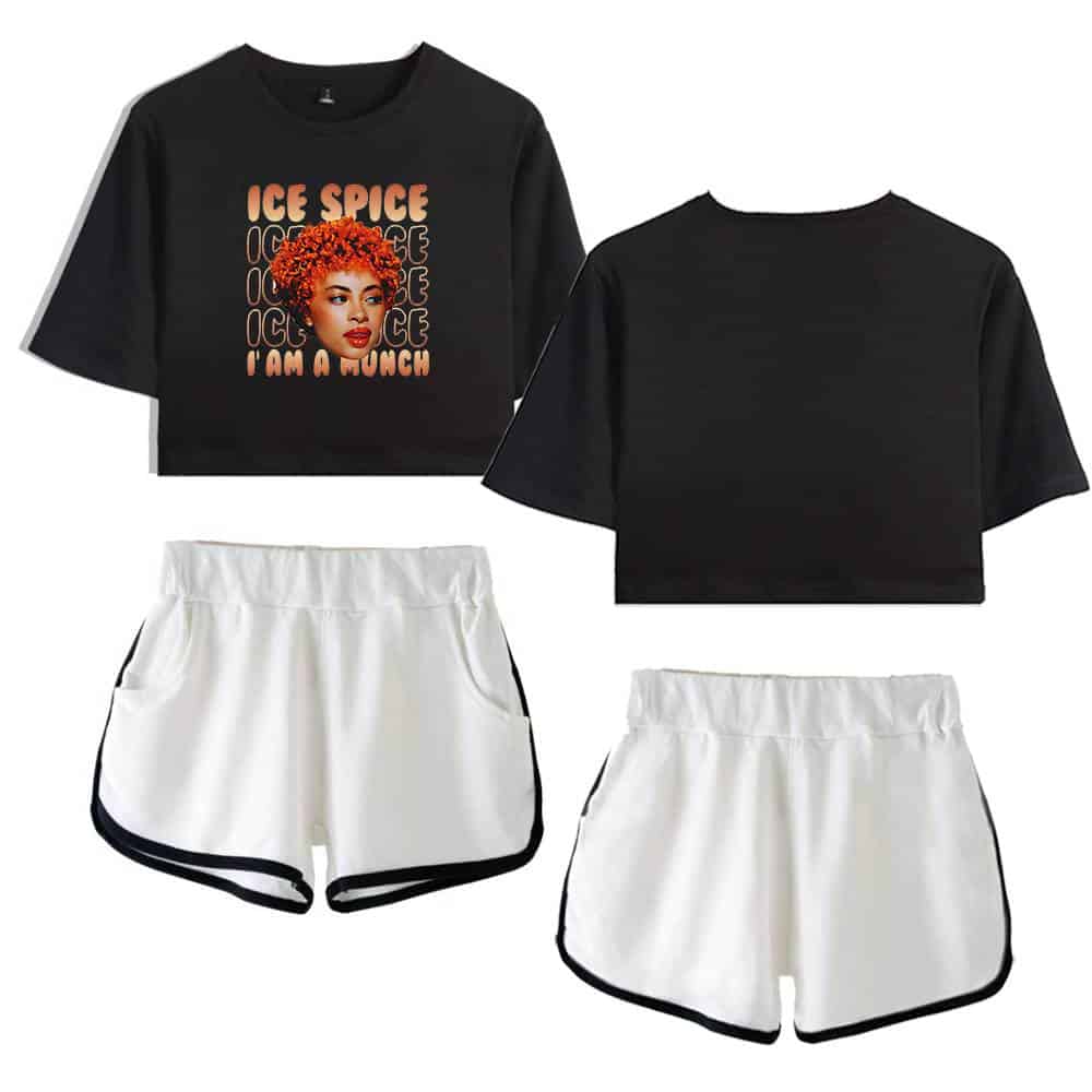 Ice spice graphic crop top with pop art style, featuring a woman with curly red hair, paired with sporty white shorts with black accents, perfect for casual or athletic wear.