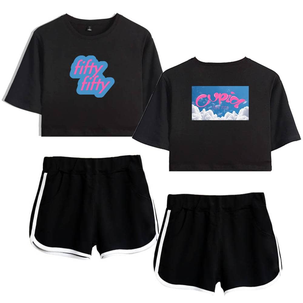 Fifty fifty crop tops and shorts set with graphic print, casual summer fashion for women.
