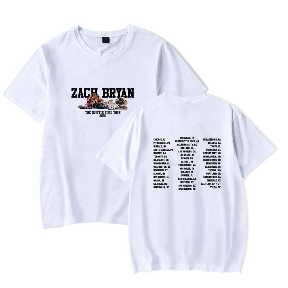 Zach Bryan tour merchandise white t-shirt with tour locations listed on the back and a graphic of a person with hats and more on the front.
