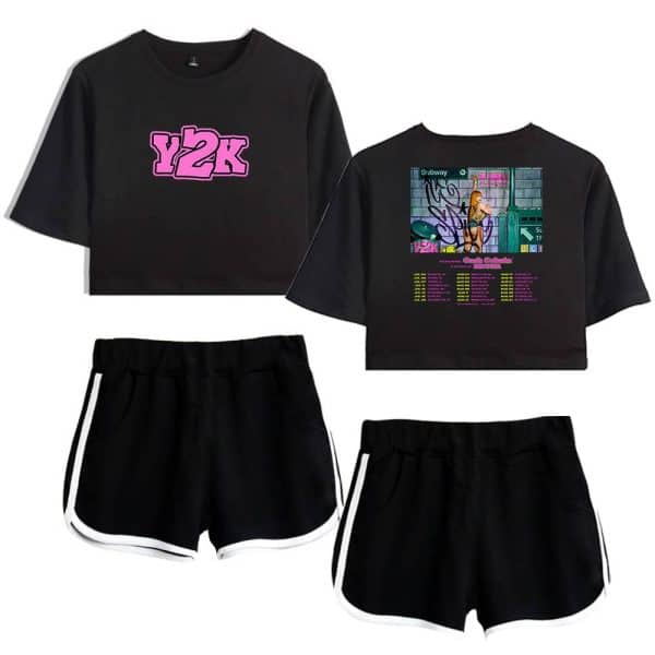 Y2k graphic crop top and shorts set with graffiti and subway artwork, trendy streetwear for women, oversized fit, black color, youthful aesthetic, perfect for casual or festival wear.