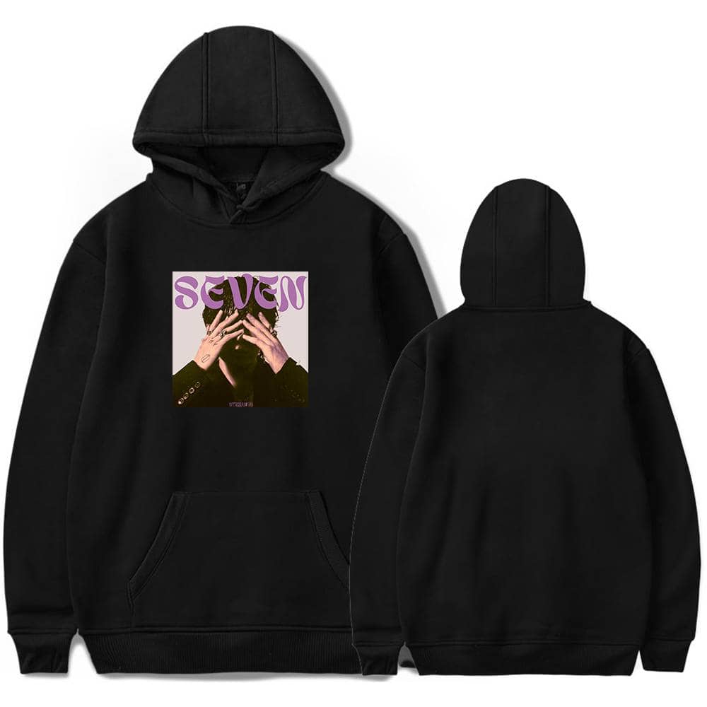 SEVEN hoodie with animated cover art of a person covering their face, stylish and comfortable unisex streetwear.
