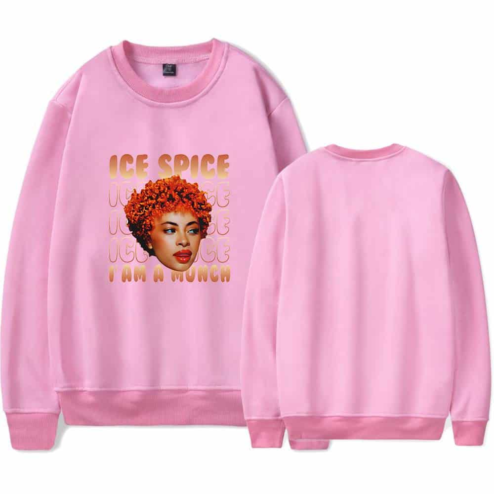 Ice spice sweatshirt with a graphic print of a woman's face and text "Ice Spice I am a MUNCH", pink color, casual style, unisex design, cozy and trendy.