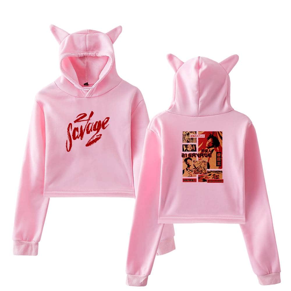 Soft pink hoodie and matching sweatpants set with a "21 Savage" graphic design, featuring playful cat ear details on the hood. Perfect for streetwear and casual fashion statements.