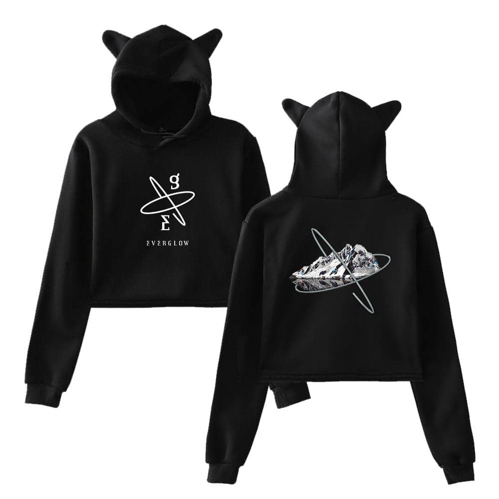 Black hoodies featuring space-themed designs, including planetary orbit graphics and mountain landscapes, with "EVERGLOW" branding for stylish, celestial-inspired merchandise.