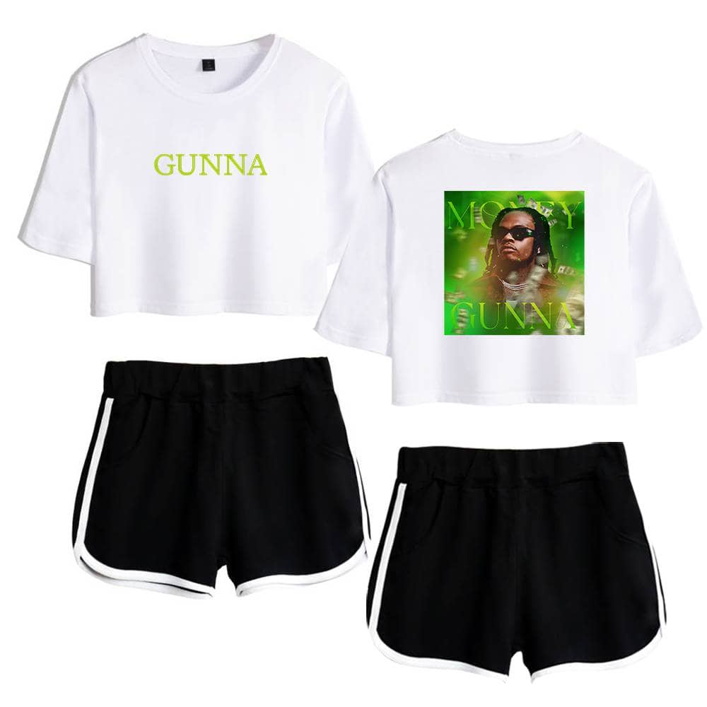 GUNNA shirt and shorts set with graphic design and text.