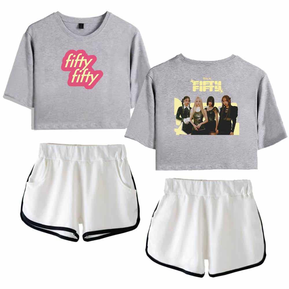 Fifty fifty t-shirt and shorts set, women's casual streetwear, oversized graphic tee with a pop culture design, sporty stylish shorts for activewear or casual outings, youth fashion merchandise.