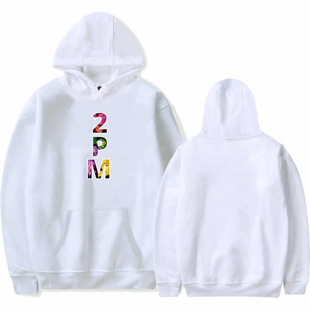 Colorful 2PM logo printed on a white hoodie, front view and back view displayed, casual unisex apparel, perfect for K-pop fans and streetwear fashion.