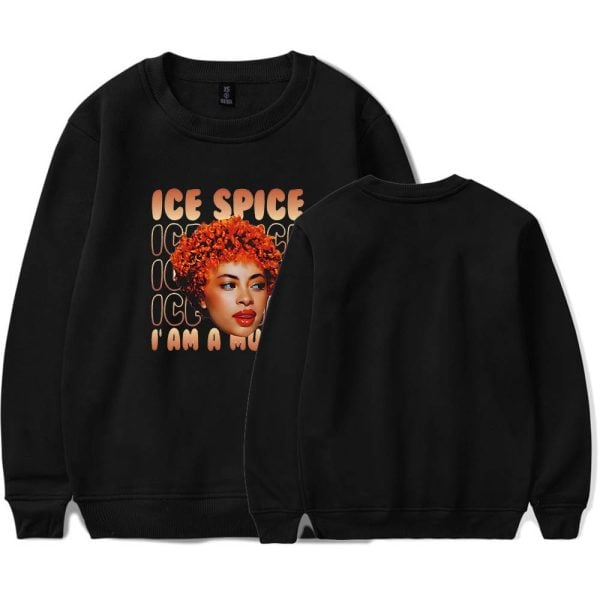 Vibrant black sweatshirt featuring a colorful graphic of a woman with curly orange hair and the phrase "Ice Spice" in bold letters. Perfect for streetwear and music fans.