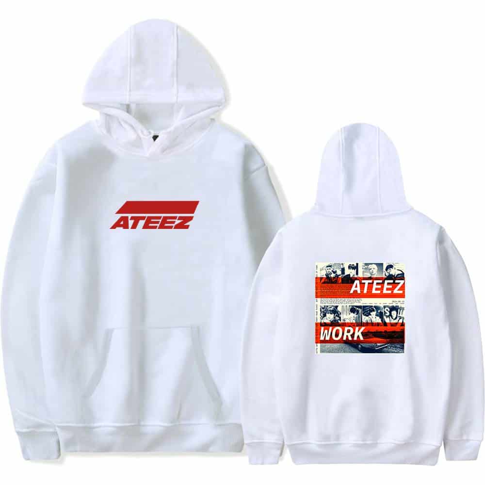 ATEEZ hoodie with front logo and back collage design featuring members and "WORK" text, perfect for fans and casual wear.