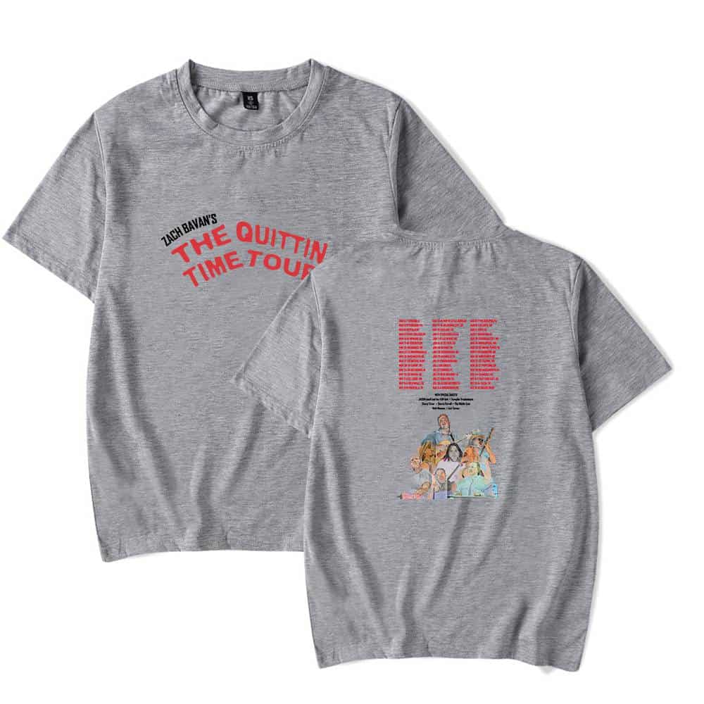 Zach Bavan's The Quittin Time Tour T-shirt in heather gray with bold red text and a colorful illustrated graphic on the back, perfect for music fans and tour souvenirs.