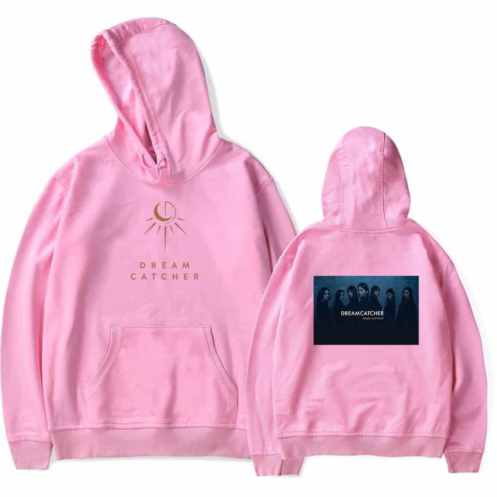 Dream catcher pink hoodie with moon and sun graphic on front and band logo on back, unisex casual streetwear, perfect for fans of the K-pop group, comfortable and stylish merchandise piece.