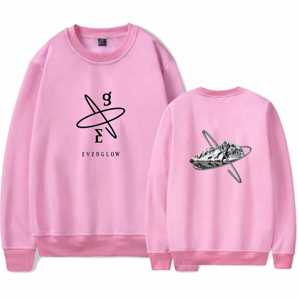 A pink sweatshirt with a minimalist black logo and the word "EVERGLOW" on the front, and a space-themed graphic with a planet and orbit on the back.