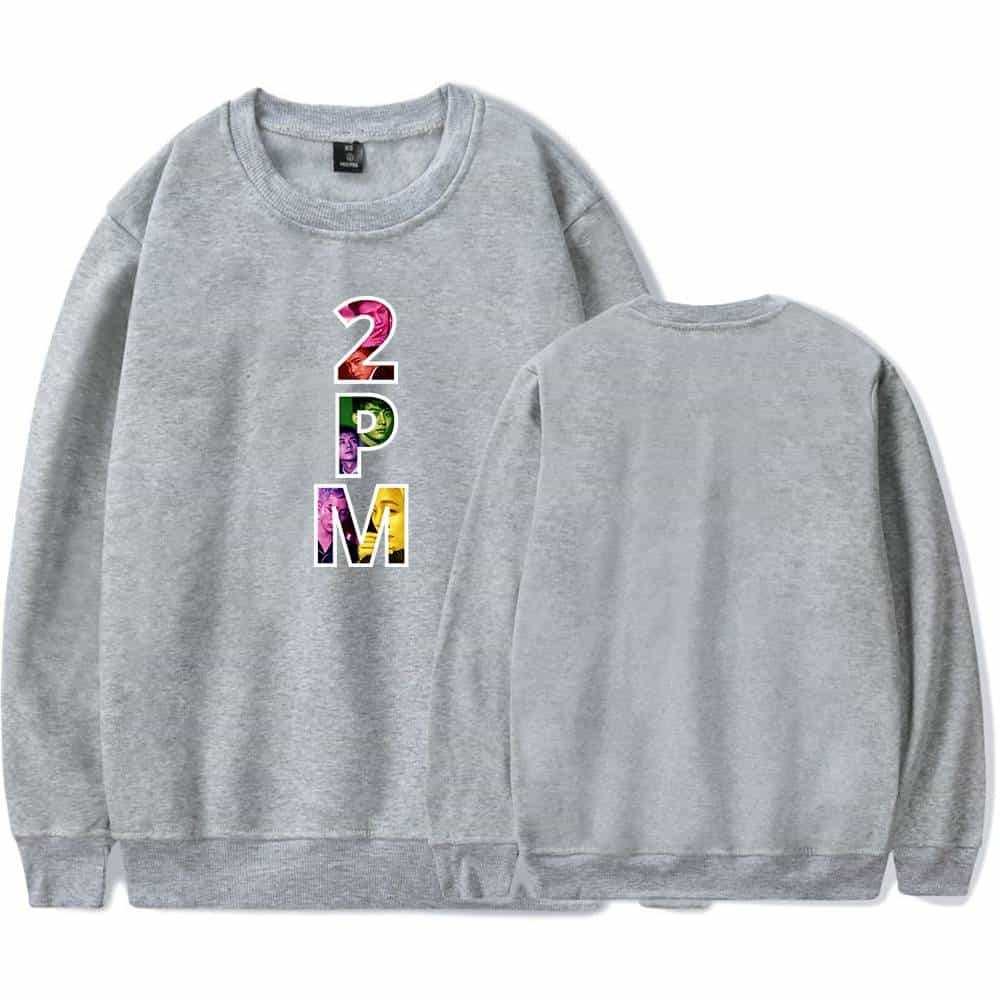 Colorful graphic crewneck sweatshirt with bold "2DPM" lettering, perfect casual wear. Made of cozy fabric, suitable for teens and young adults, featuring vibrant, multi-colored text design on a classic grey background.