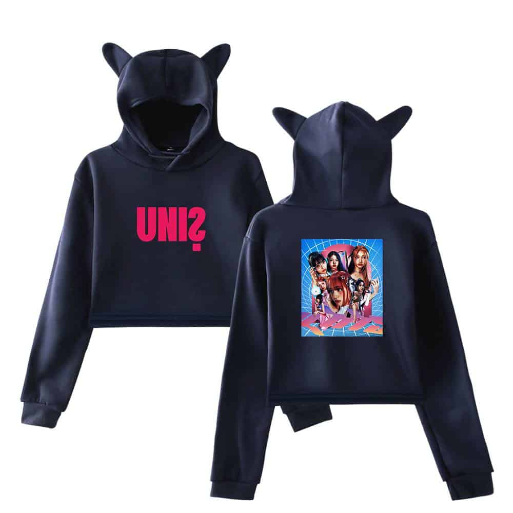 UNiS graphic hoodie featuring a bold pink logo on the front and a vibrant illustrated design on the back, complete with playful animal ear details on the hood.