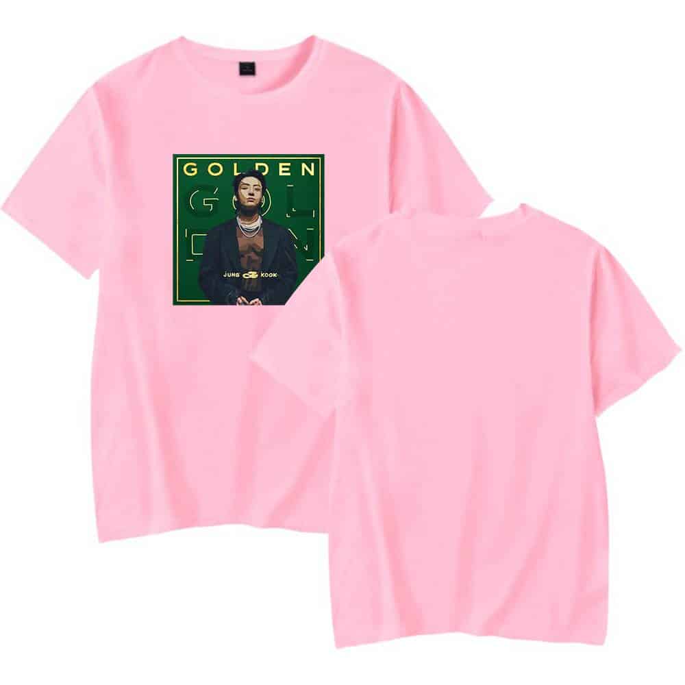 GOLDEN album cover T-shirt featuring Jung Kook from BTS, pink color, casual style, unisex fit. Perfect for fans and collectors interested in K-pop merchandise and music memorabilia.