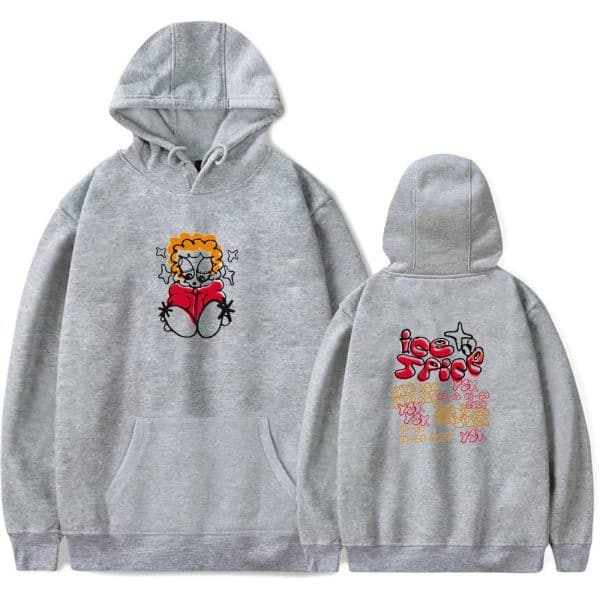 Bright grey hoodie with a colorful graphic of a cool cartoon character on the front and stylized text and design on the back, perfect for casual streetwear and trendy fashion statements.