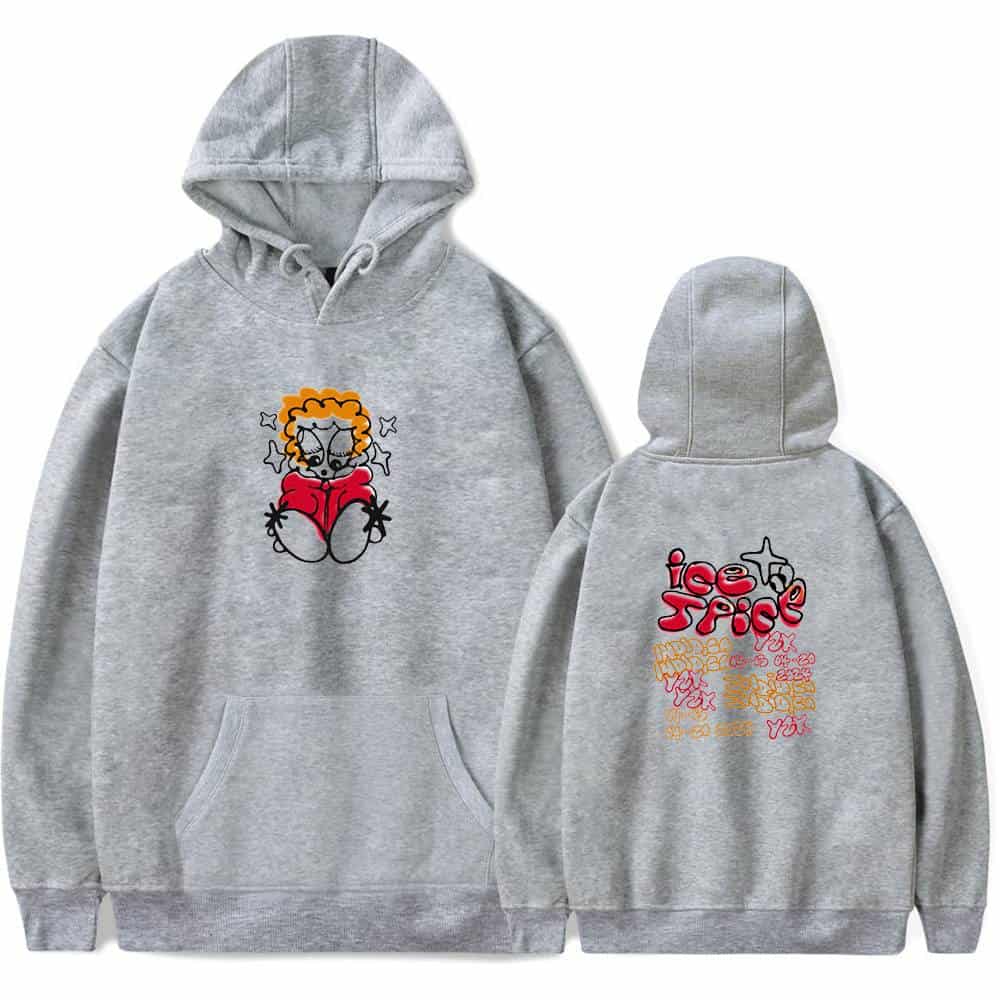 Bright grey hoodie with a colorful graphic of a cool cartoon character on the front and stylized text and design on the back, perfect for casual streetwear and trendy fashion statements.
