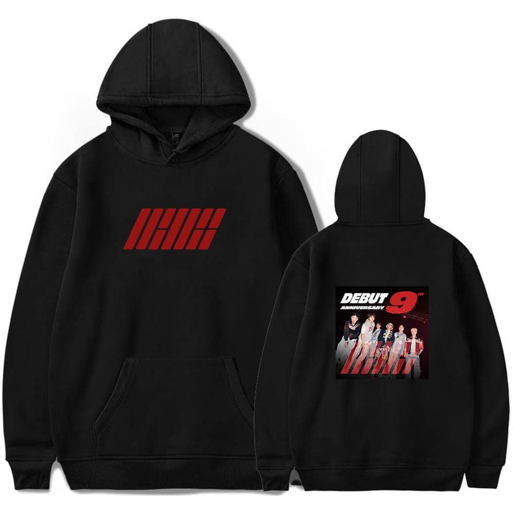 IHII logo in red on front of black hoodie, featuring K-pop group debut anniversary design on back with group members and bold red "9".