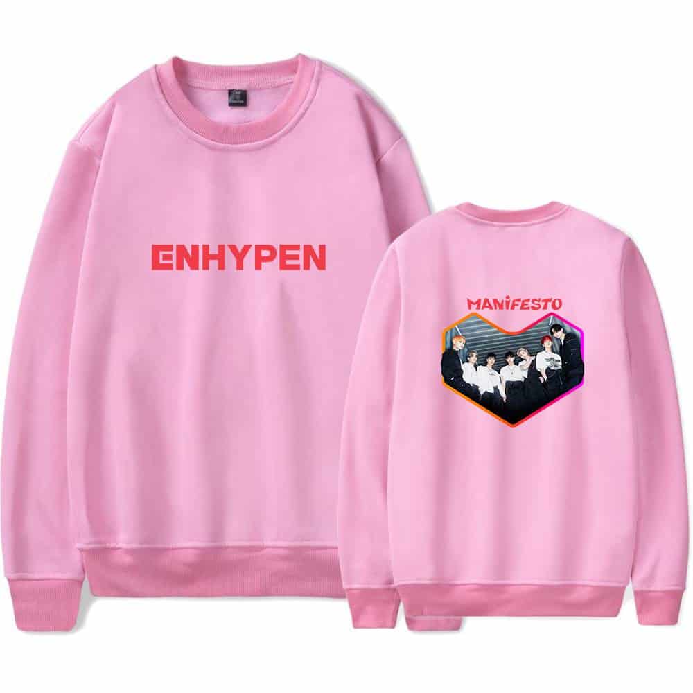 ENHYPEN pink sweatshirt with bold front text and a back graphic of the band members.
