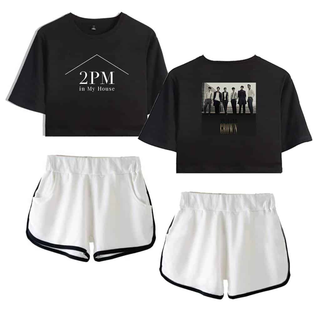 2PM in My House graphic tee with band image and white athletic shorts for casual or concert wear.