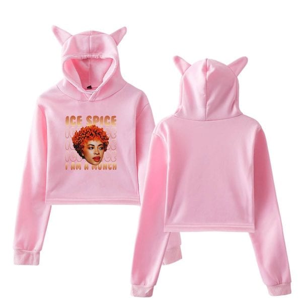 Pink hoodie and sweatpants set with cat ear hood featuring a colorful graphic of a woman and the text "Ice Spice I Am A Munch" on the front, casual trendy girls' apparel merchandise.