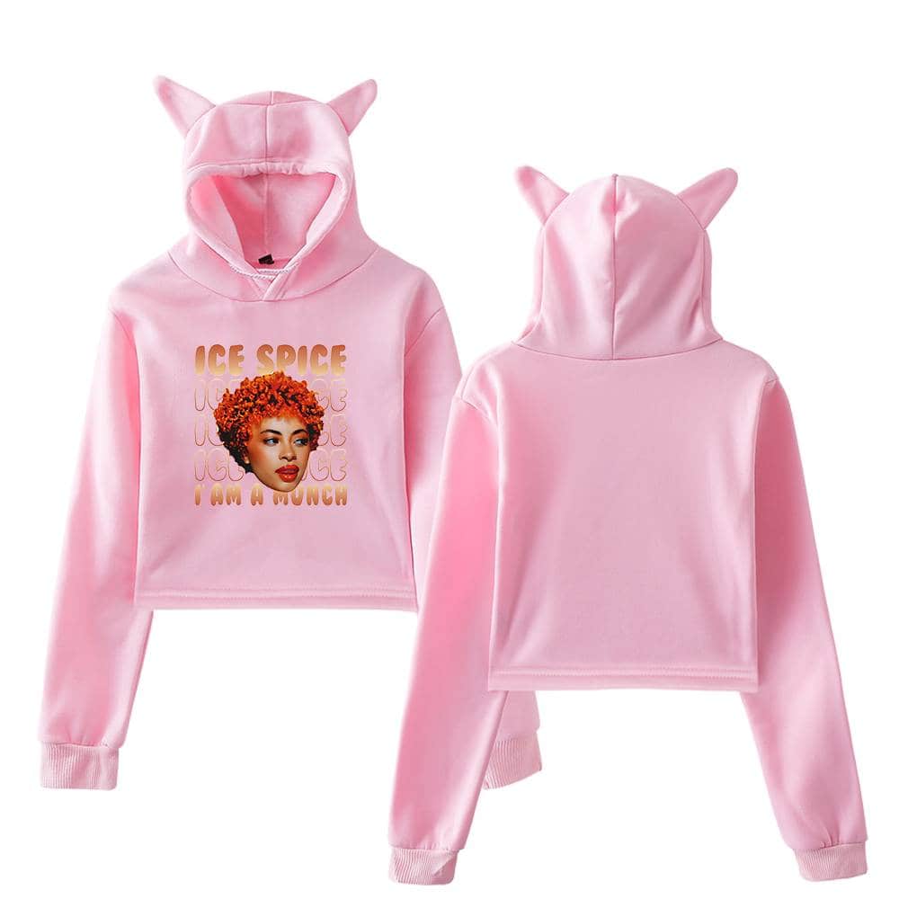 Pink hoodie and sweatpants set with cat ear hood featuring a colorful graphic of a woman and the text "Ice Spice I Am A Munch" on the front, casual trendy girls' apparel merchandise.