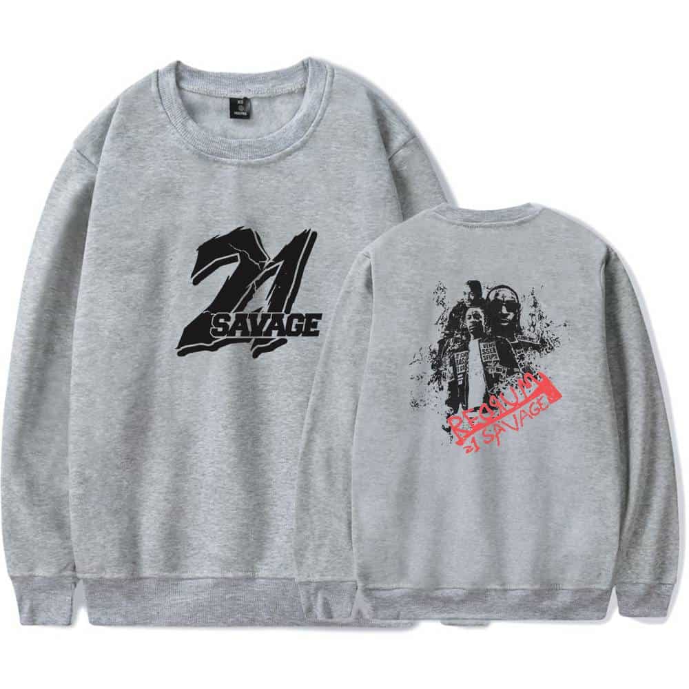21 SAVAGE graphic sweatshirt with black and red print, featuring his name and artistic designs on a light gray fabric.