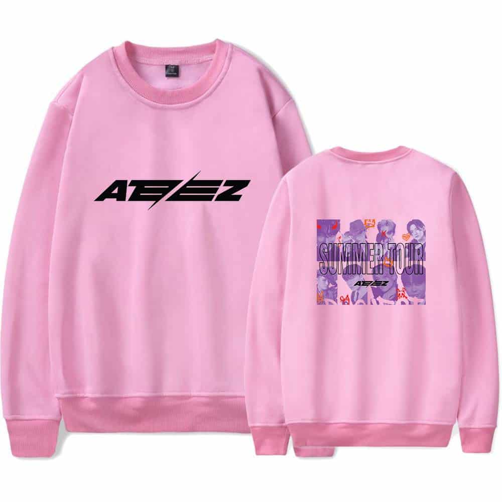 AEZ-Eazy summer tour pink sweatshirt with bold front logo and colorful back graphic featuring band members. Comfortable, trendy casual wear perfect for fans and concerts.